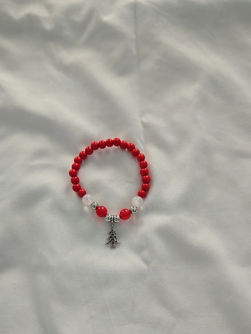 Red Beaded Bracelet with Silver Tree Charm